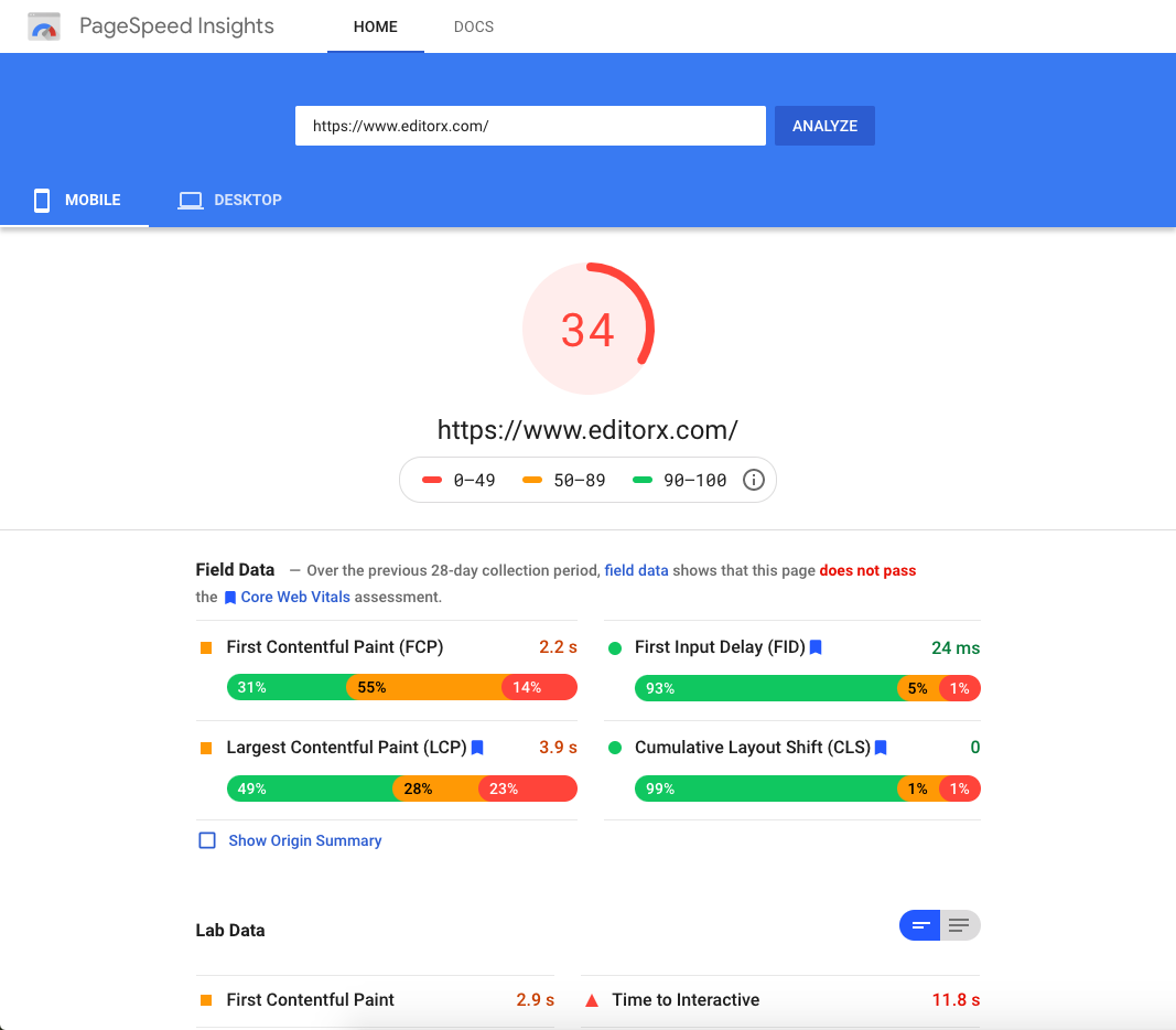 Editor-X Page Speed Screenshot