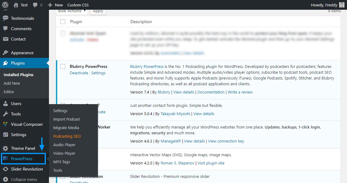 plugin de podcasting powerpress no menu de administração do wordpress