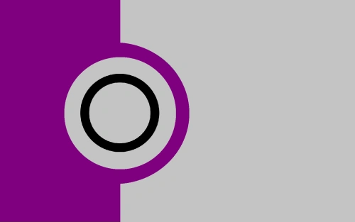 The sex-neutral or -indifferent flag; purple on the left, grey on the right, with a grey circle in the purple and a black circle outline in the circle