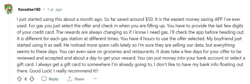 A positive Upside app review from a member who earned $50 in a month. 