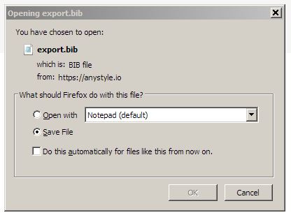 Screenshot of Windows Save File dialog box with an export.bib file.