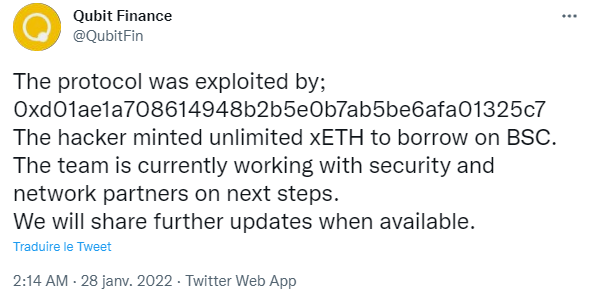 Publication Twitter Qubitde - annonce attaque X-Bridge