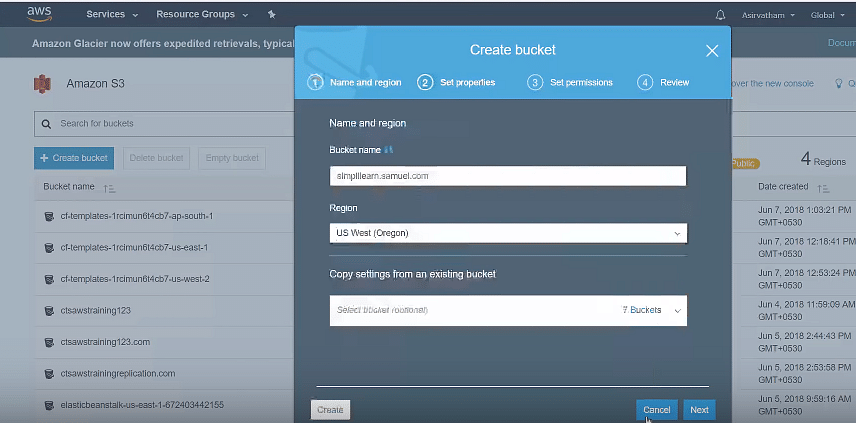 AWS Login - Create a bucket by setting up name, region and other options