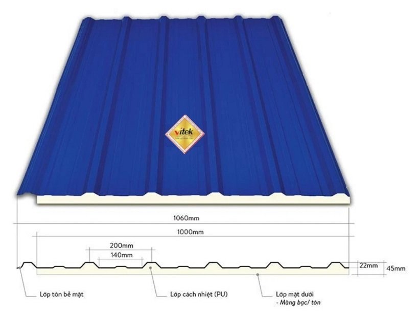 Cấu tạo tôn Vitek gồm 3 lớp chắc chắn giúp giúp bảo vệ công trình an toàn hiệu quả