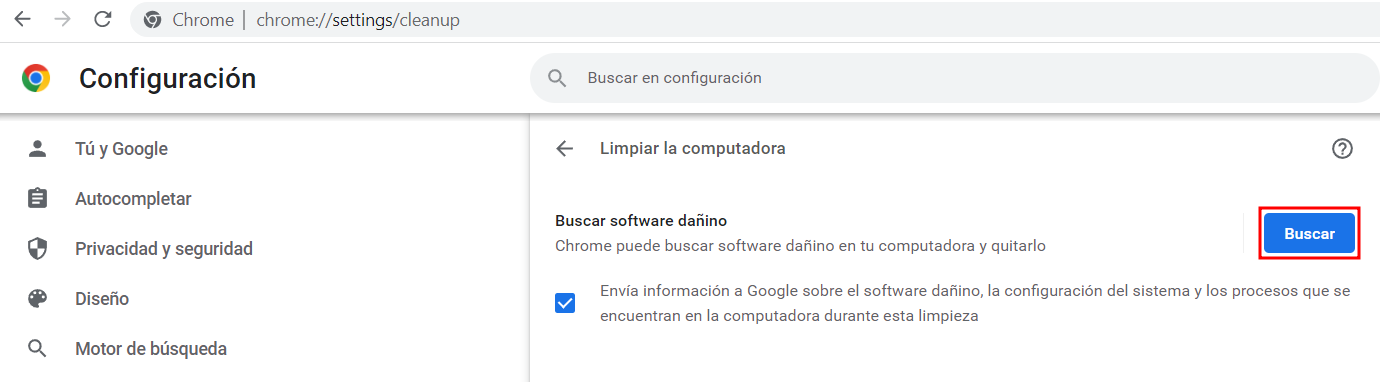 Sección para buscar y eliminar malware de Chrome