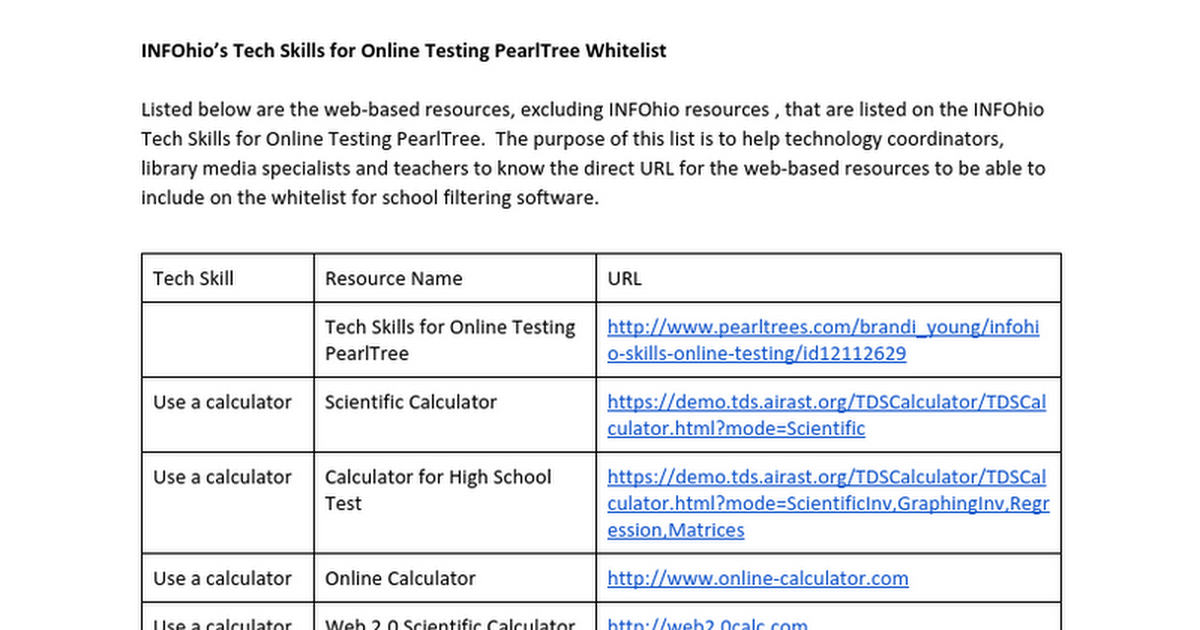 INFOhio's Tech Skills for Online Testing PearlTree Whitelist