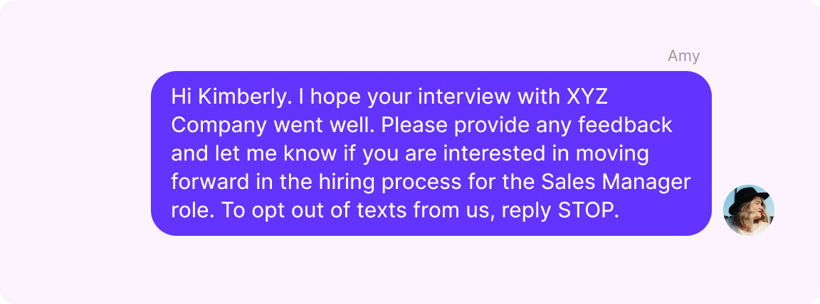 Texting for recruiting: Asking for feedback on an interview after a meeting text example