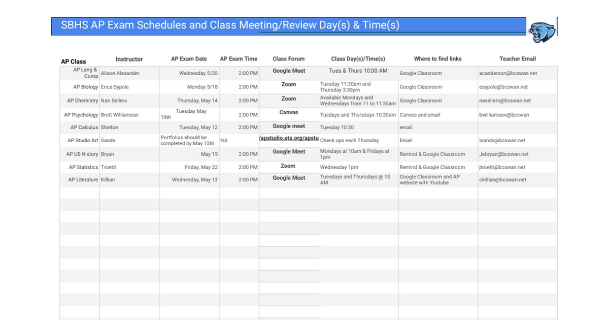 AP Exam & Review Schedule 2020 Google Sheets