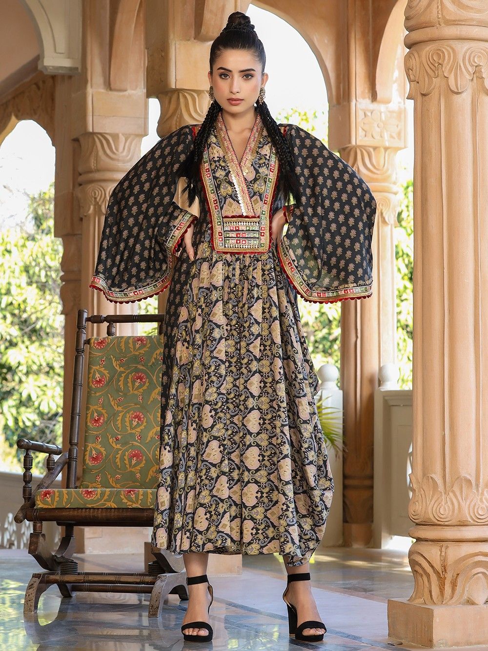 the loom - Blue Mughal Printed Muslin Drape Dress