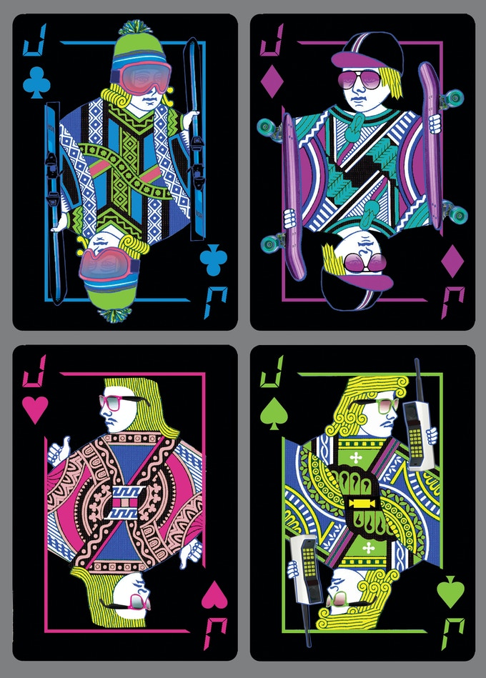 80s card game with neon colors on a black background  