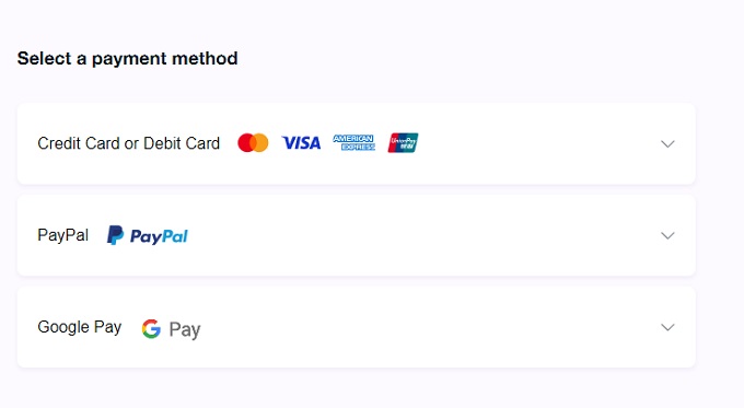 PureVPN's payment methods