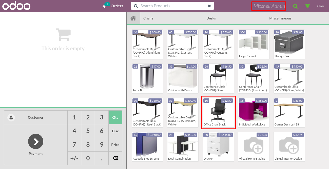 Select a product on POS of admin.
