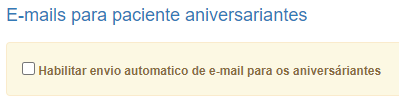 Checkbox 'Habilitar envio automático de e-mail para os aniversariantes'.