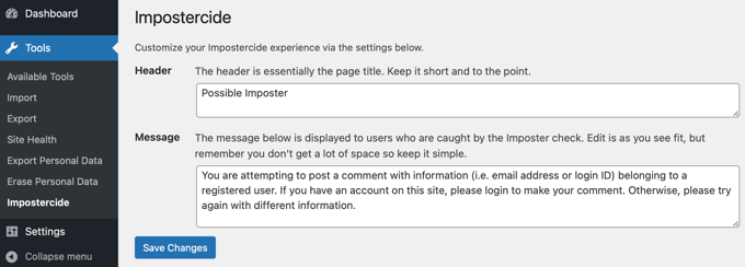 O plug-in Impostericide impede comentários de impostor