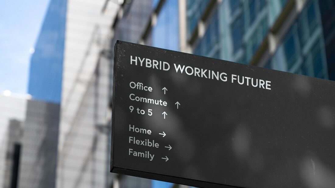A street sign showing hybrid working future