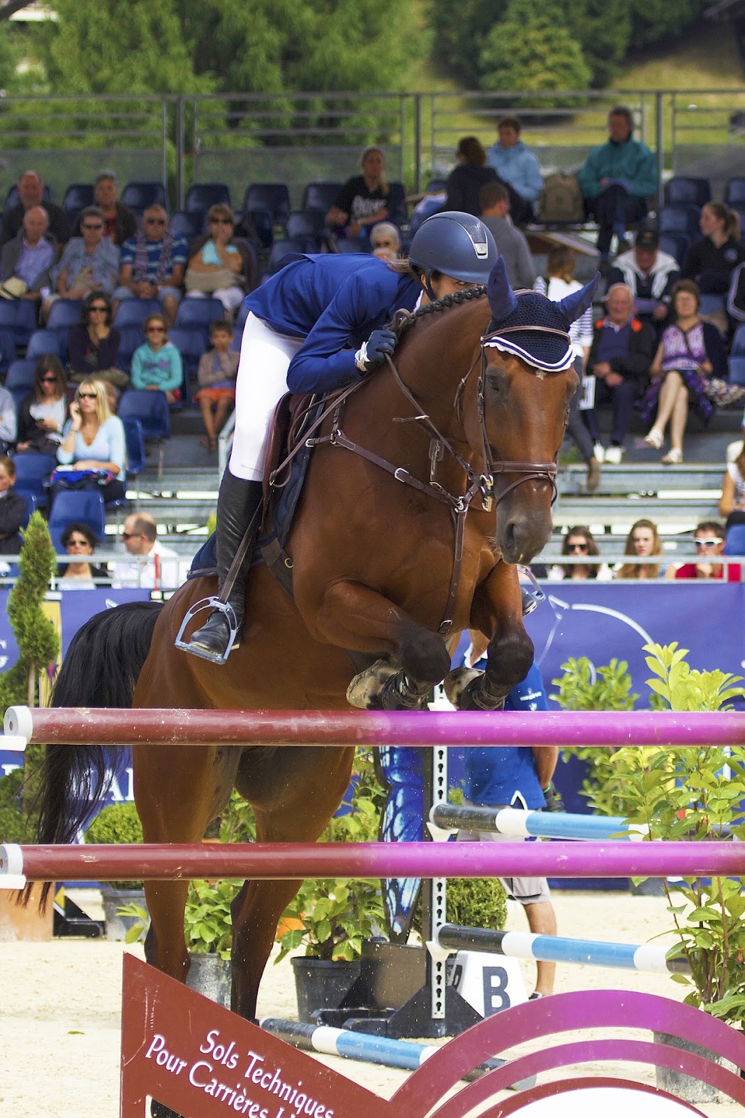 Rider in a blue hunt coat clears a vertical rail fence.