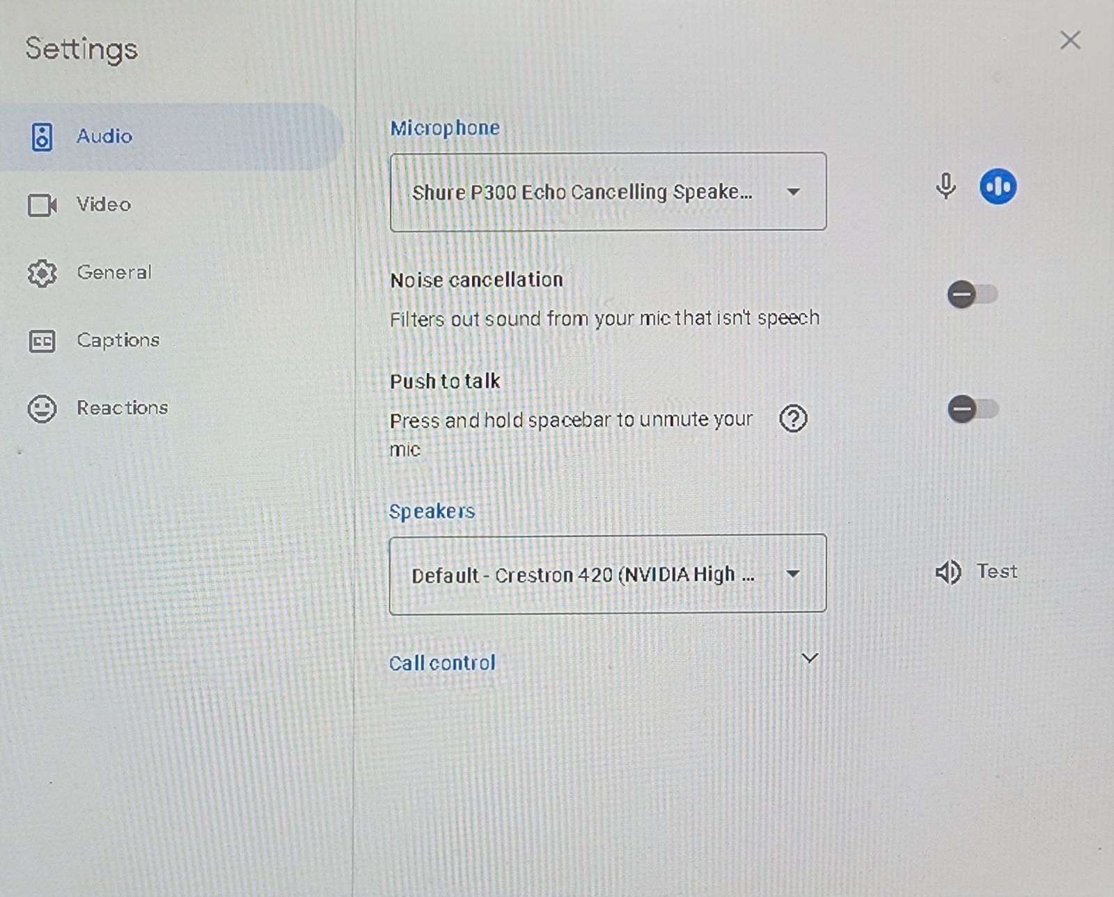 Settings Menu displayed with Audio sub menu selected. Audio options shown with Shure P300 Echo Cancelling Speake chosen for Microphone option and Default  - Crestron 420 (NVIDIA High chosen for Speakers