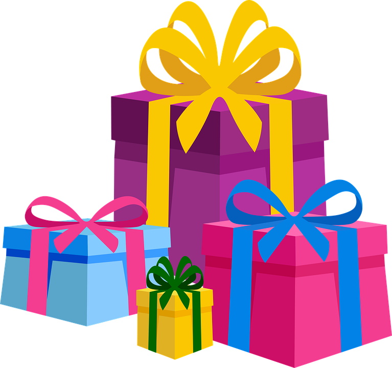 clip art image of gifts wrapped in different colors and ribbon