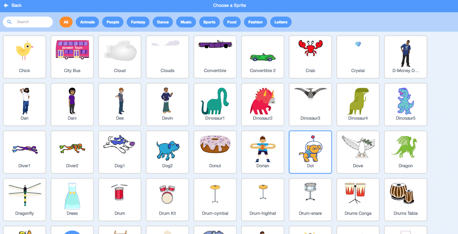 The Scratch coding sprite selection screen