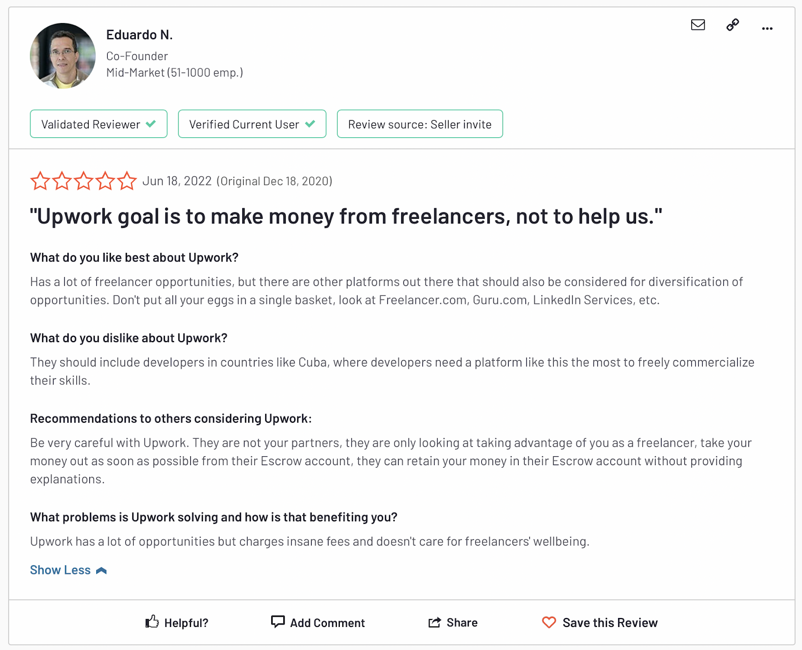 A negative Upwork review by a freelancer