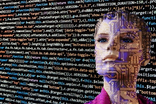 A face of a female robot with coding as its background Types of Coding Languages