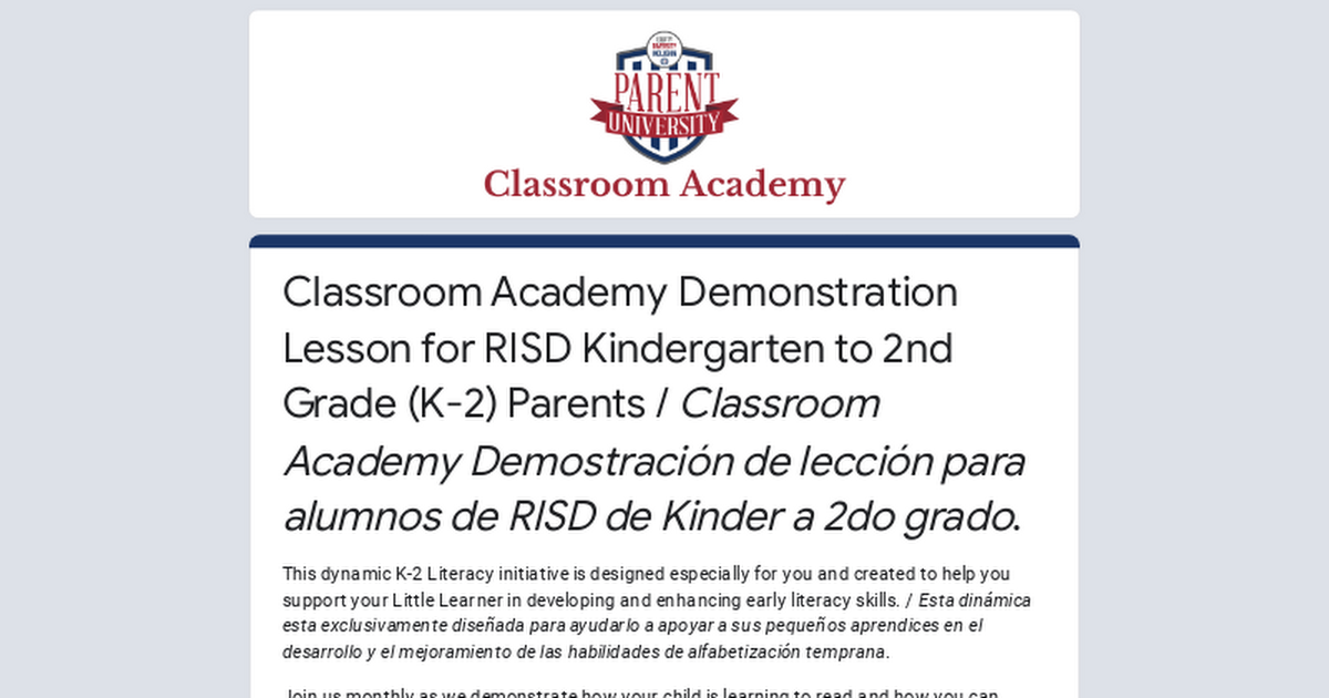 Classroom Academy Demonstration Lesson for RISD Kindergarten to 2nd Grade (K-2) Parents