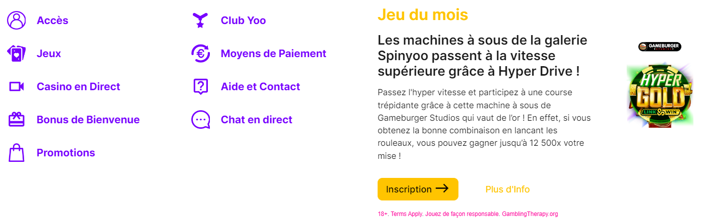 Menu du site Spinyoo Casino