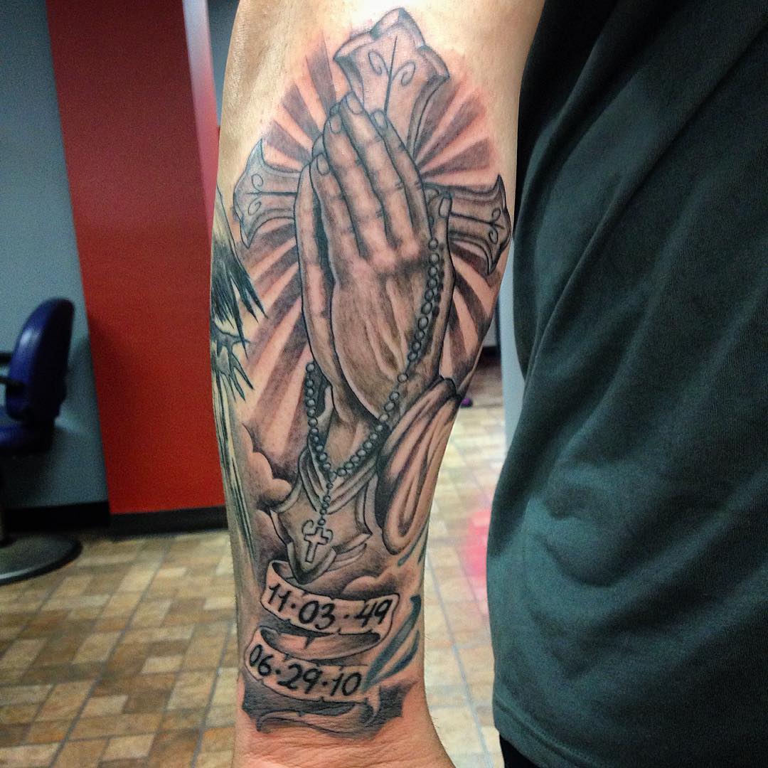 Praying Hands with Cross & Date Tattoo