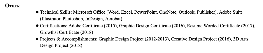 Example of listing creative skills in a resume skills section