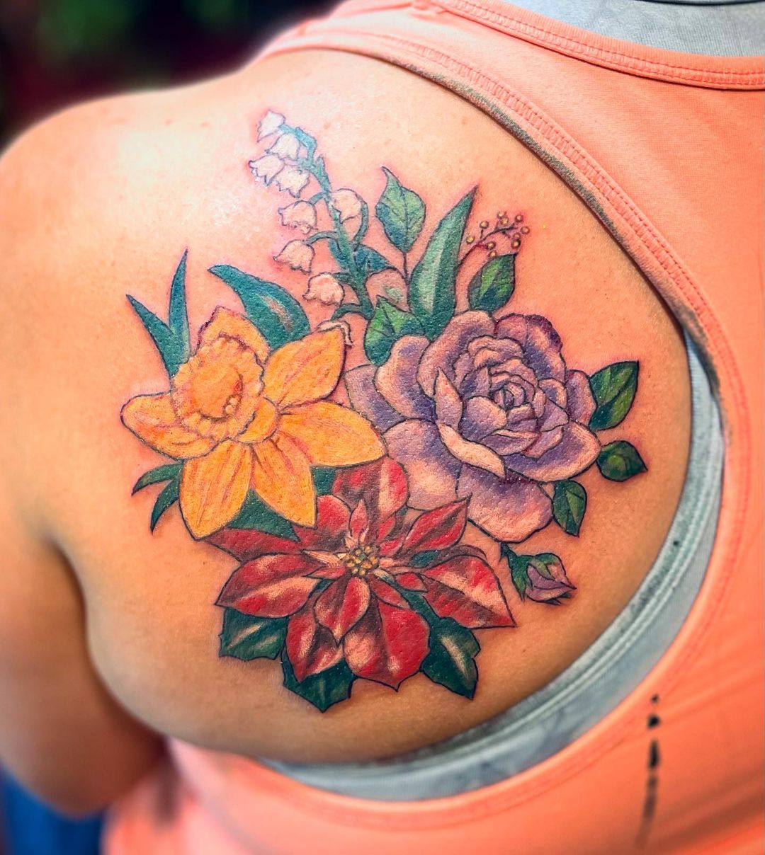 Colorful Flowers on Back Shoulder Tattoo