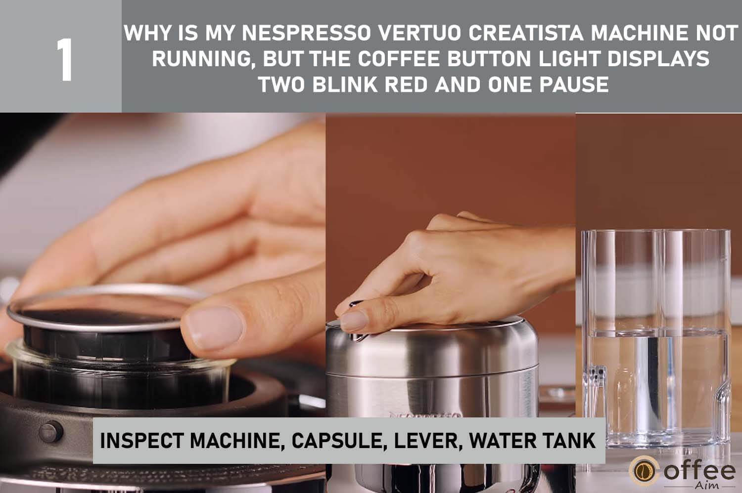 The Nespresso Vertuo Creatista isn't working. Check machine, lever, capsule, and water tank. If the coffee button blinks, troubleshoot using article.     