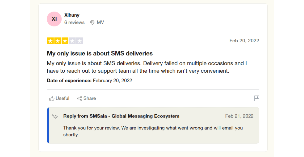 SMSala API customer review