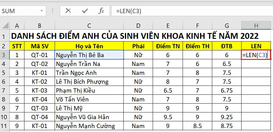 cách dùng hàm len excel đơn giản