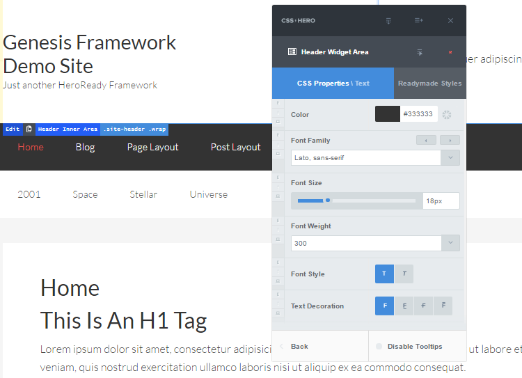 Painel de controle de plugins do WordPress CSS Live Editor
