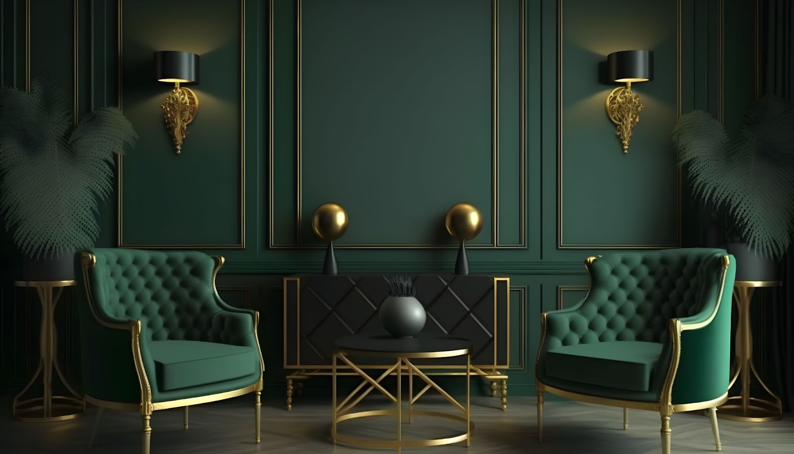 room with emerald green walls furniture with gold accents