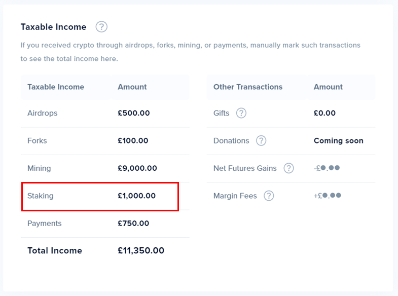 screenshot highlighting “staking” on a taxable income online form
