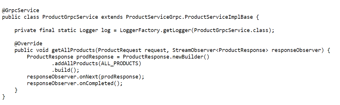 code to expose the Product Inventory service via gRPC for inter-service communication 