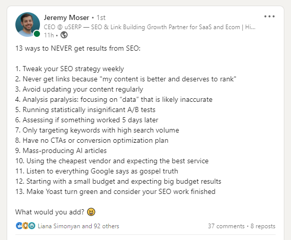 A post on LinkedIn showing SEO tips.