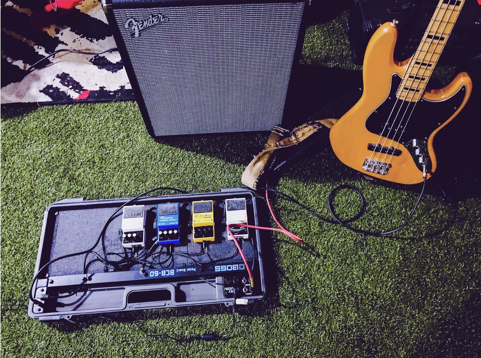Bass guitar and amplifier.