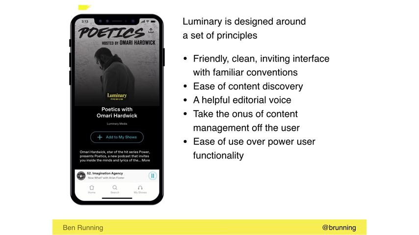 A screenshot of Running’s presentation listing the design principles for Luminary.