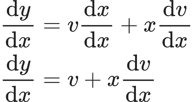 {"id":"7-0-0","code":"\\begin{align*}\n{\\diff{y}{x}}&={v\\diff{x}{x}+x\\diff{v}{x}}\\\\\n{\\diff{y}{x}}&={v+x\\diff{v}{x}}\t\n\\end{align*}","type":"align*","font":{"size":10,"family":"Arial","color":"#222222"},"ts":1603531746342,"cs":"J8dUoQGZ3uRvtVu21WKu1A==","size":{"width":132,"height":69}}