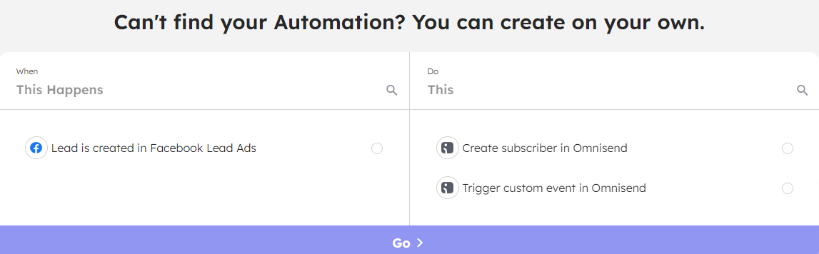 List of triggers and actions to build custom automation for Facebook Lead Ads + Omnisend integration