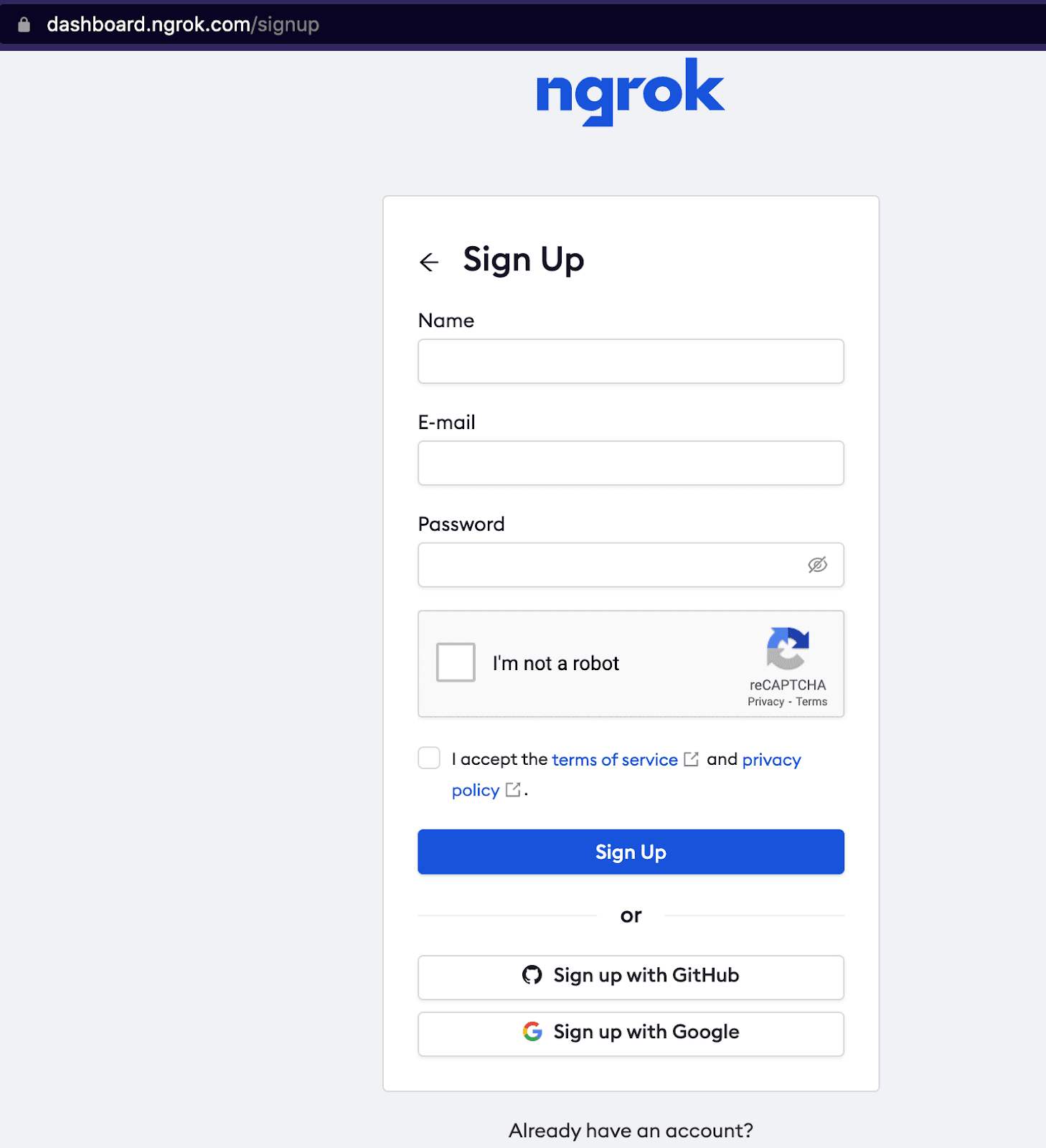 ngrok signup screen