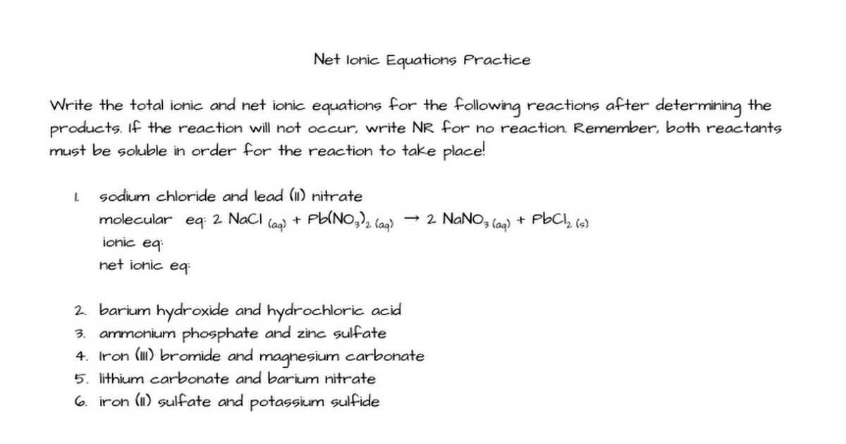 Net Ionic Equations Practice - Google Docs