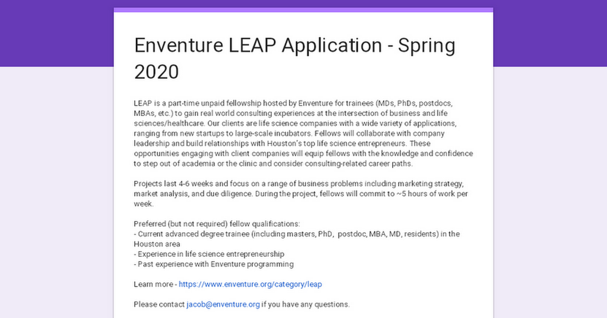 Enventure LEAP Application Spring 2020