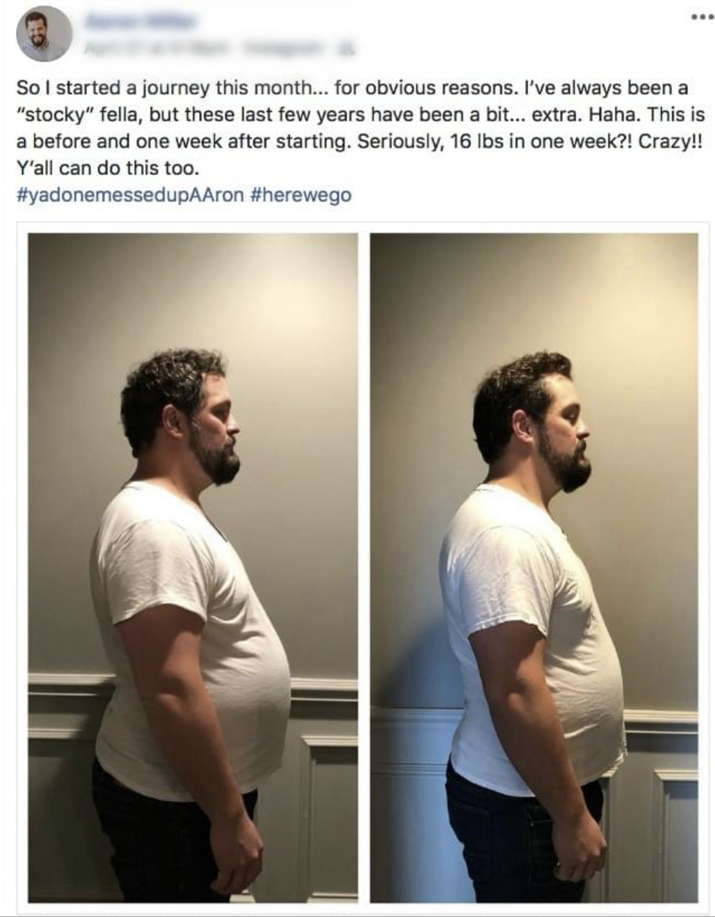 A before and after picture of a man standing sideways with text above him.
