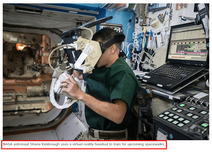 screenshot of Nasa astronaut using VR headset to train for a mission