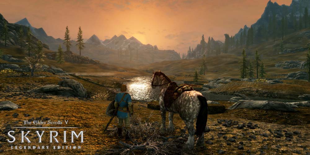 A main character riding to the sunset in The Elder Scrolls V: Skyrim