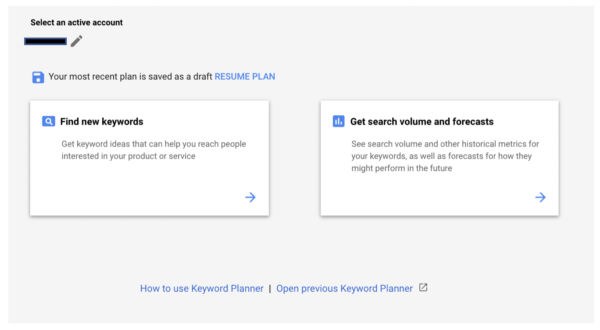 Google Keyword Planner - Page de démarrage de Google Keyword Planner