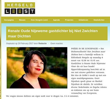 Screenshot van een website waar wordt aangekondigd dat Renate Oude Nijeweme gastdichter is bij niet zwichten maar dichten. Ook groot in beeld een foto van de schrijver.